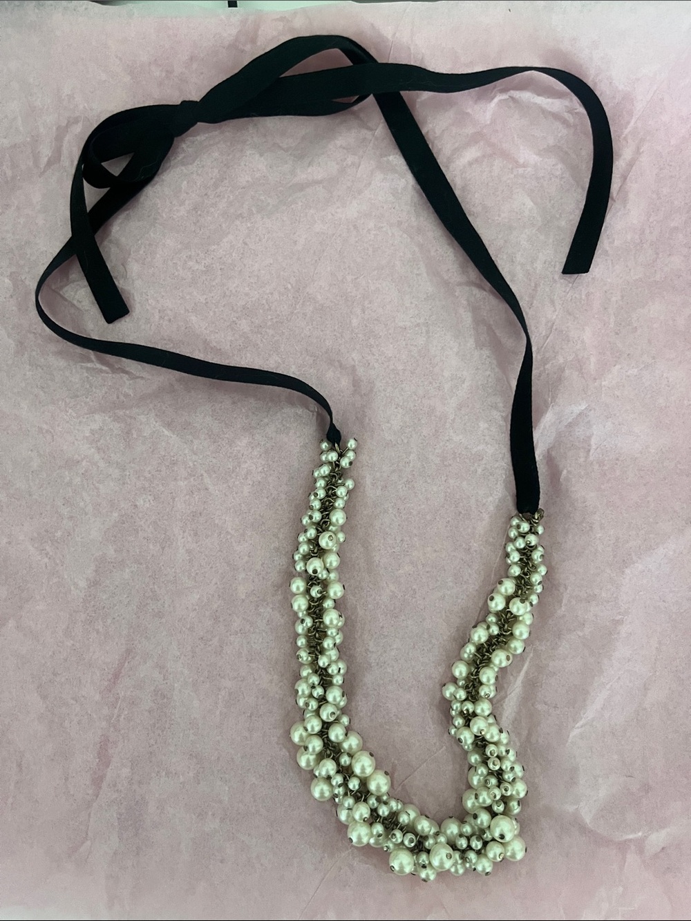 Ann Taylor Pearl Cluster Ribbon Tie Necklace - Cream Pearls with Black Ribbon